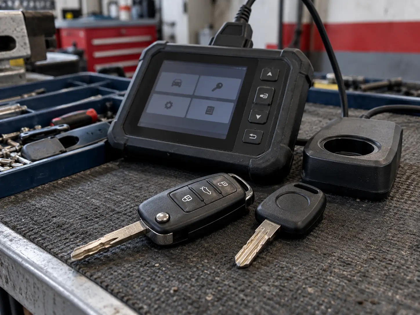 Chaves automotivas com transponder ao lado do programador