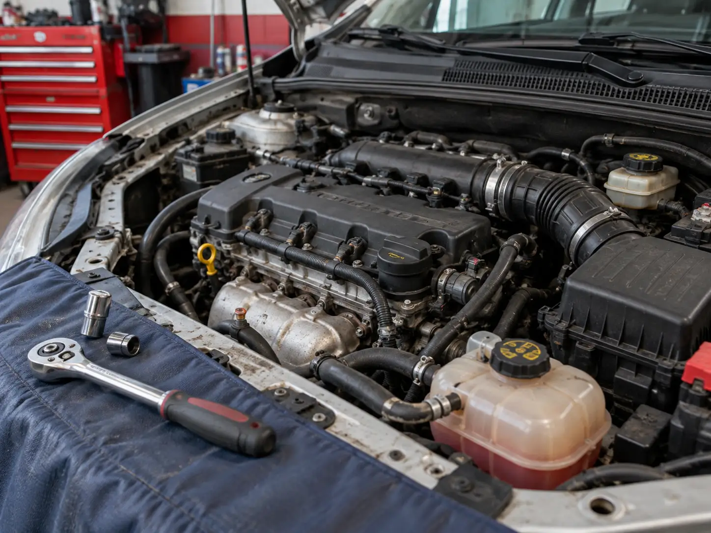 Close do cofre do motor, mangueiras e ferramentas de manutenção